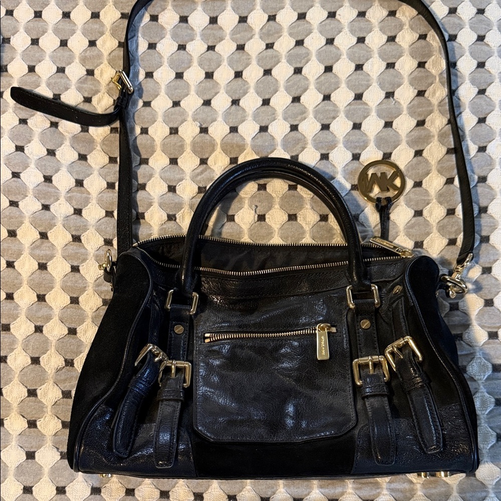 Michael Kors Black Leather Satchel with Gold Accents